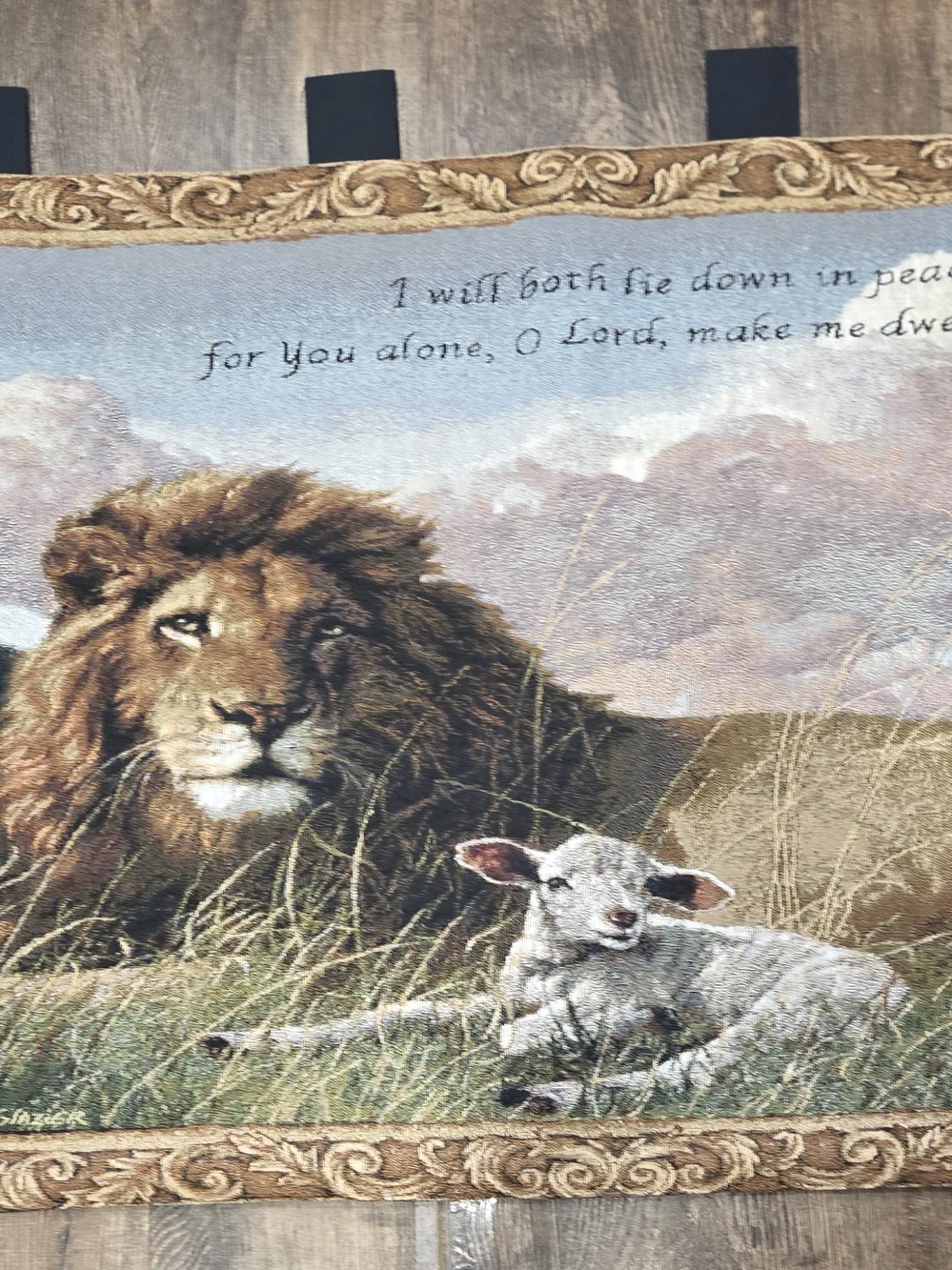 Lion & Lamb Tapestry Wall Hanging w/Black Tabs by Nancy Glazier 36” X 26”